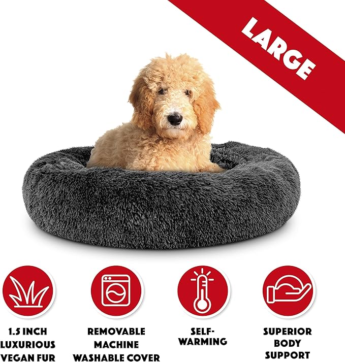The Dog's Balls Sound Sleep Donut Dog Bed, Grey Plush Large Removable Cover Calming Nest Bed, Veterinary Approved
