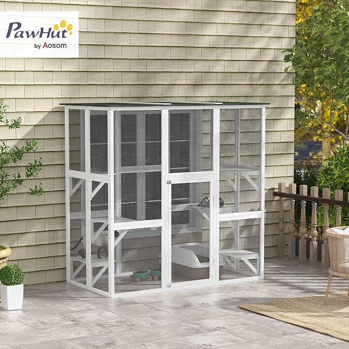 PawHut Outdoor Cat House Big Catio Wooden Feral Cat Shelter Enclosure with Large Spacious Interior, 6 High Ledges, Weather Protection Asphalt Roof, 71" L, White