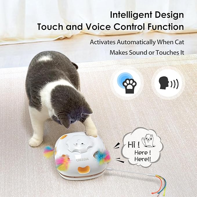 ORSDA Cat Toys, 4 in 1 Interactive Automatic Kitten Toy for Indoor Cats, Rechargeable Electric Moving Ambush Feather Mice Whack-A-Mole, Hide and Seek, Chase Feather for Kitty for Kicker Adult Cat