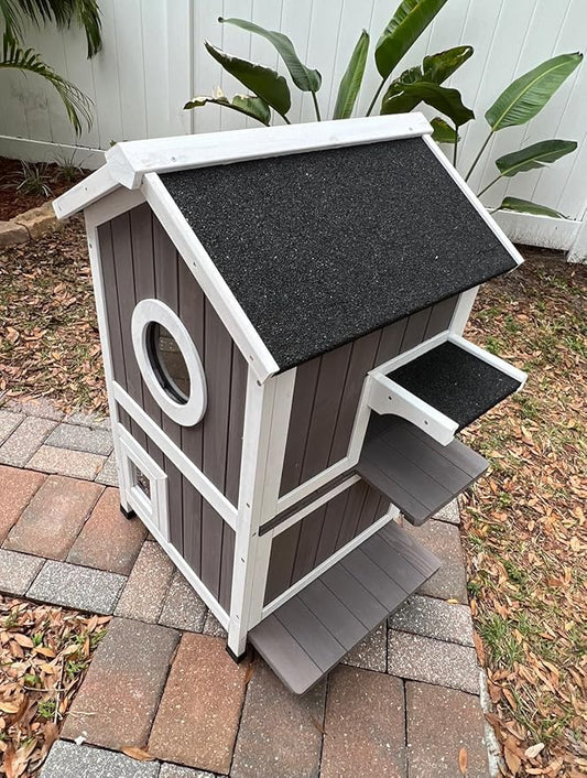 Cat House for Outdoor Cats Outdoor Cat House Weatherproof, 2 Story Feral Cat Shelter for Winter, Wooden Kitty House Home Enclosure Outside with Waterproof Roof