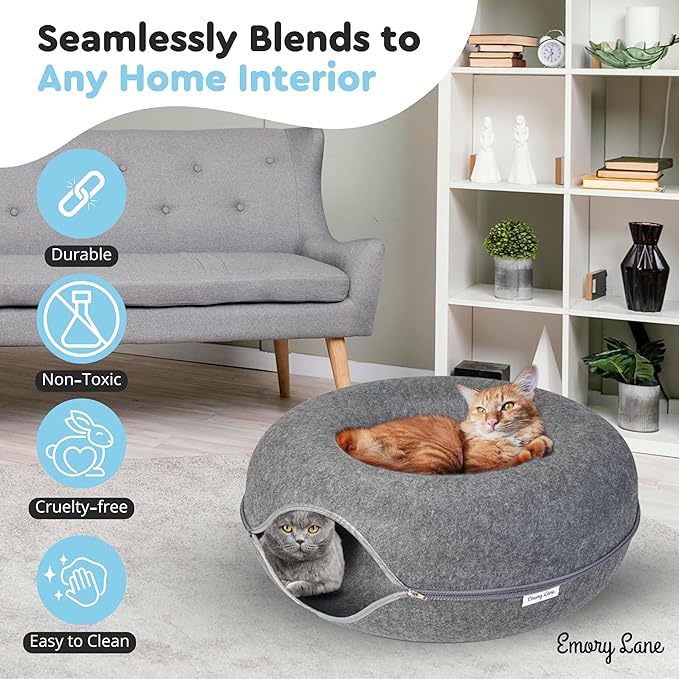 Emory Lane - Premium Cat Cave, Multifunctional Donut Tunnel Bed, Round Felt Cave with Zipper, for Pets up to 40 Lbs (24x24x11 Inch) (Dark Gray)
