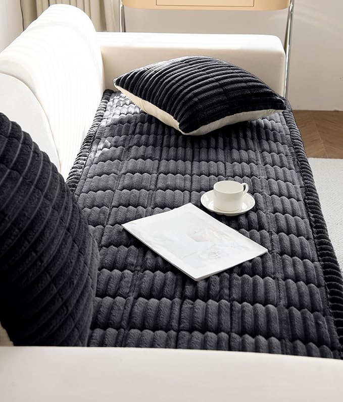 Faux Fur Plush Dog Couch Cover 3D Stripe Fuzzy Sofa Cover Non-Slip Fluffy Dog Bed Cover Pet Blanket Sofa Couch Furniture Protector for Puppy Large Dog Cat (Black,28"x59")