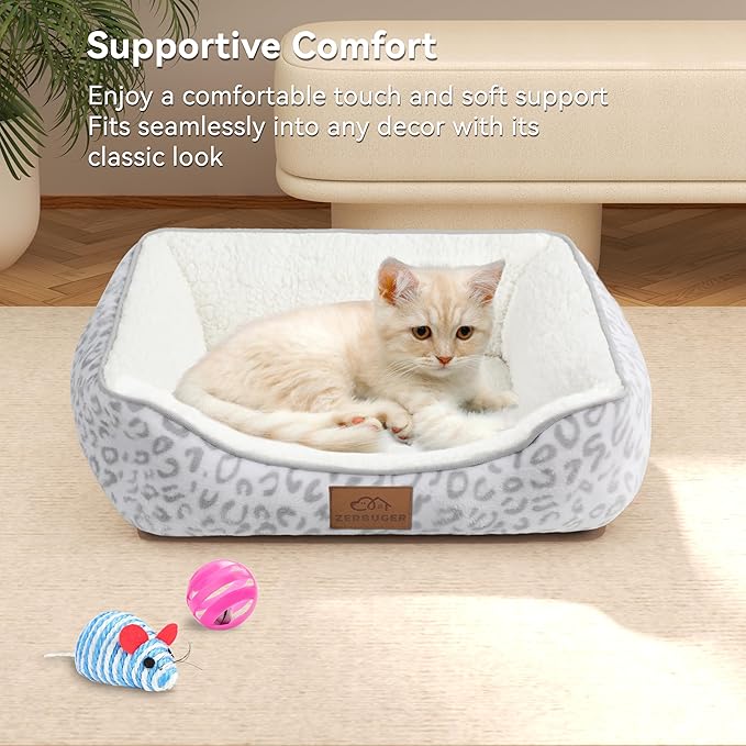 Rectangle Cat Dog Bed for Large Medium Small Pets Indoor Outdoor Machine Washable Sleeping Sofa Non-Slip Bottom Soft Puppy Bed Durable Orthopedic Calming Pet Cuddler (Small, White Leopard)