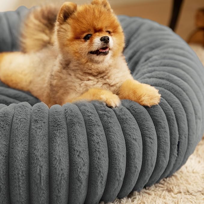Bedsure Donut Small Dog Bed - Dog Beds for Small Dogs with Corduroy Fleece & Anti Slip Bottom, Round Faux Fur Pet Beds with Washable Removable Cover, Warm Grey, 23x23x7 inches