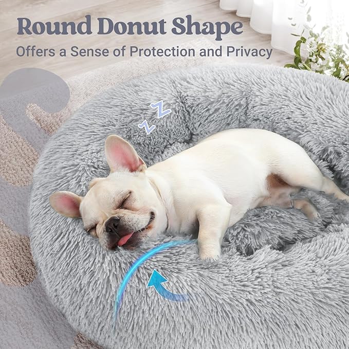 rabbitgoo Dog Bed for Small, 24 inches Machine Washable, Fluffy Donut Pet Bed Anti-Slip, Calming Soft Plush Round Cushion, Fits up to 18 lbs Pets, Light Grey