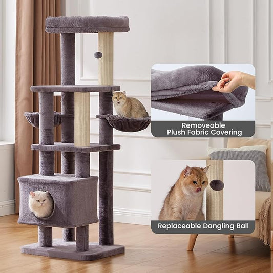 Gardner Pet 65in Heavy Duty Cat Tree Tower for Large Cats, Multi-Level Cat Furniture with Replaceable Sisal Scratching Post, Hammock | Extra-Large Platform & Condo (Upgraded Grey)