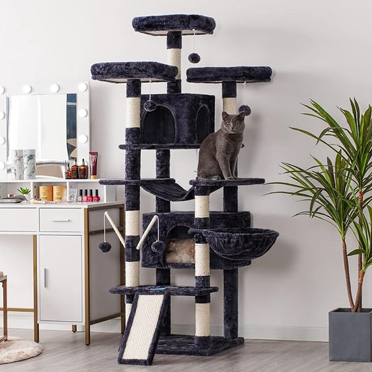 Hey-brother Cat Tree, 71 inches XL Large Cat Tower for Indoor Cats, Multi-Level Cat House with 3 Padded Perches, Big Scratcher, Cozy Basket, 2 Cat Condos and Scratching Posts, Smoky Gray MPJ034G