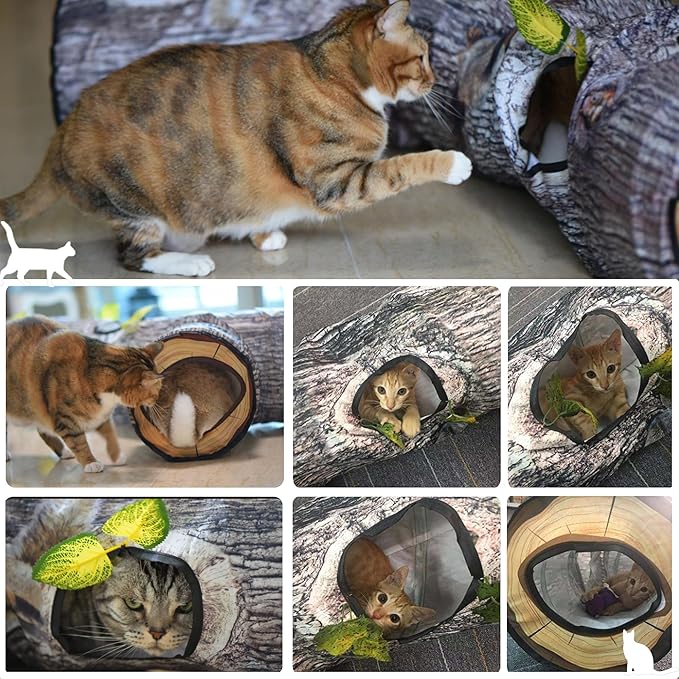 Cat Tunnels for Indoor Cats, Tree Trunk Cat Tunnel Toys, Cat Stuff Accessories for Large Cats Kitten and Other Small Animals to Chase and Play, Foldable & Easy to Store, Cat Tube Toys L 59"