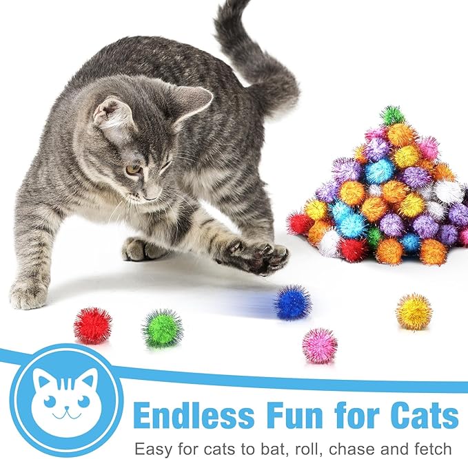 Poen 300 Pieces Cat Toy Fuzzy Balls 1.8 Inch Assorted Color Pom Pom Interactive Tinsel Balls for Indoor Cats