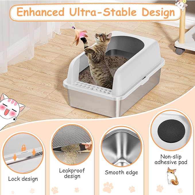 2 Pack Stainless Steel Litter Box witn High Sides, Extra Large cat Litter Box with Lid, Metal Litter Boxes for Multiple Cats, Anti-Leakage,Non-Stick, Easy to Clean, Included Cat Litter Mat, Scoop
