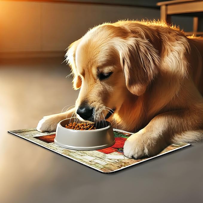 Lunarable Tuscan Pet Mat for Food and Water, Colorful Flowers Outside Home in Italian Hilltown Assisi Rustic Door Image, Non-Slip Rubber Mat for Dogs and Cats, 18" X 12", Orange Violet