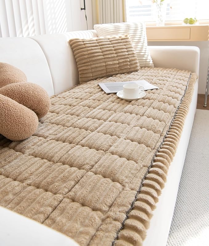 Faux Fur Plush Dog Couch Cover 3D Stripe Fuzzy Sofa Cover Non-Slip Fluffy Dog Bed Cover Pet Blanket Sofa Couch Furniture Protector for Puppy Large Dog Cat (Coffee,31"x82")