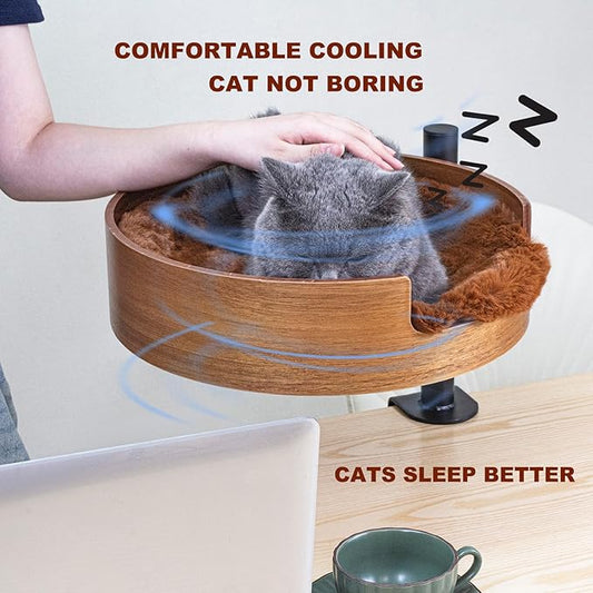 Cat Bed Desk with Pet Mat, Cat Hammock for Desk, Cat Bed Desk with Wooden Bowl, 360° Rotation and Adjustable Height, Coffee