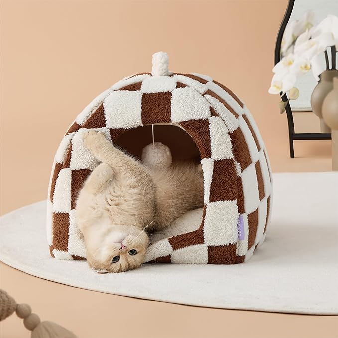 Lesure Cute Cat Beds for Indoor Cats - 2 in 1 Cat Cave Bed for Kittens and Small Pets, House with Removable Washable Cushioned Pillow, Cozy Tent House with Non-Slip Bottom, Brown, 16 inches