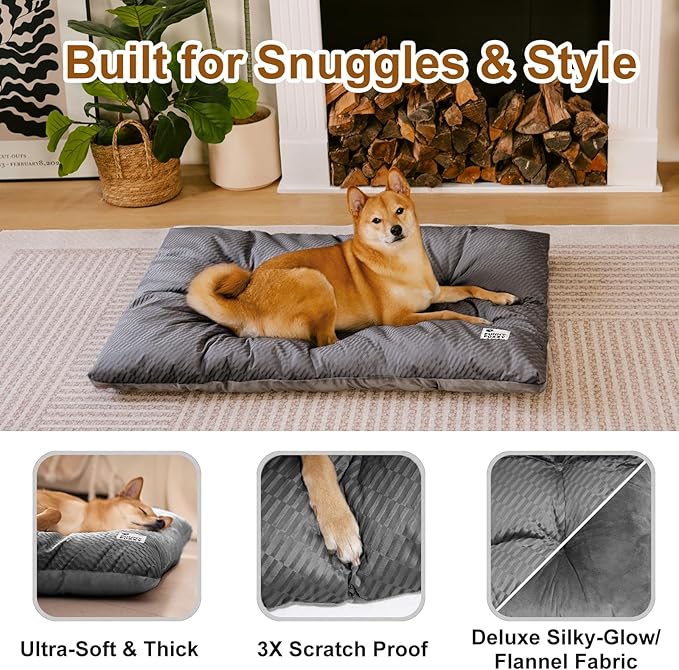 FUNNY FUZZY Washable Dog Bed,Reversible Plush Dog Crate Mat, Soft Fluffy Kennel Pad,Pet Sleeping Mattress for Large,Medium Sized Dogs Breeds,Indoor Cats,35.4" × 22.8", L,Charcoal Grey