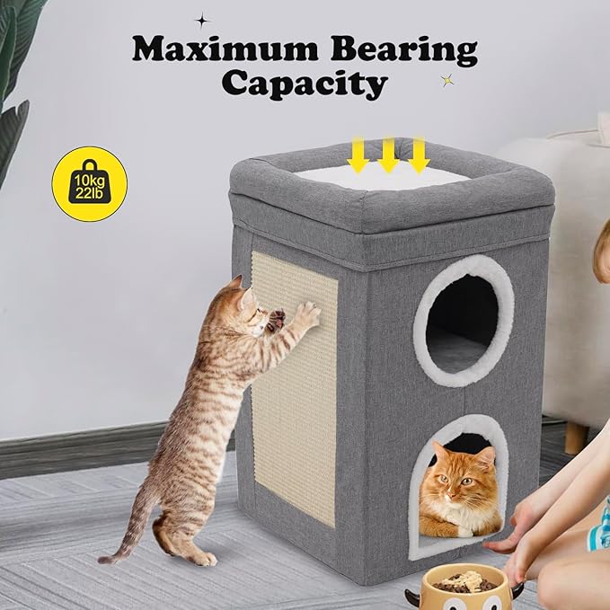 3-Level Cat House for Indoor, Covered Cat Condo with Scratch Pad and Hideaway Cave, Cat Bed &Furniture for Multi Pets and Large Cats, 15.3 * 15.3 * 26 inches,Grey