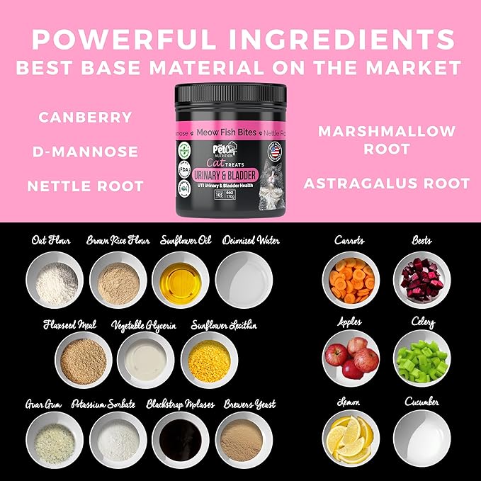 Pet Chef Feline Treats - Fix Cat UTI - Natural & Organic UTI Remedy for Cats. Feline UTI Prevention - Low Calories- Reduce cat Fur Balls, and Vomiting. Cat Urine Crystals Prevention.