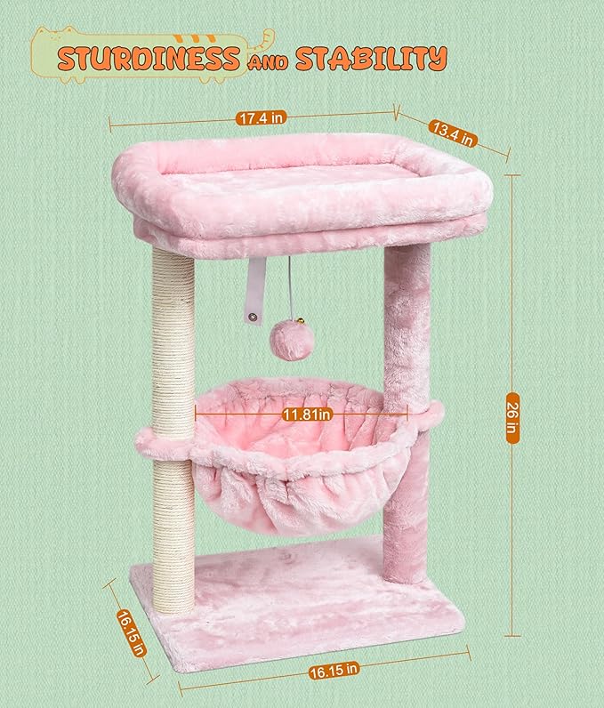 SYANDLVY Small Cat Tree for Indoor Cats, Activity Cat Tower with Scratching Post for Kittens, Modern Cat Furniture with Basket & Hanging Ball for Play Rest, Pink