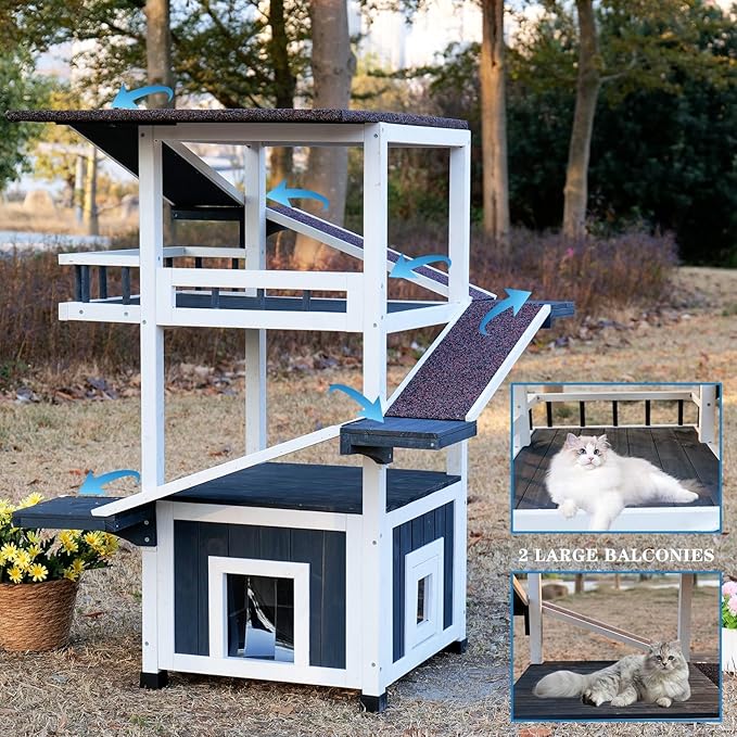 4 Tiers Cat House for Outdoor Cats, Outdoor Cat House Weatherproof 45.1" H Feral Cat Shelter Outside Enclosure Multi-Level Play Zones 2 Escape Doors, 2 Removable Floors for Multiple Cats