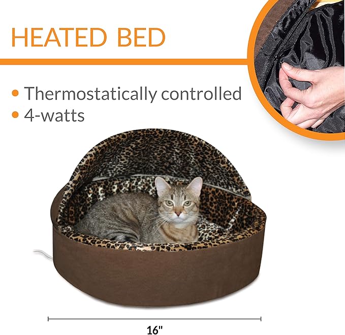 K&H Pet Products Thermo-Kitty Bed Deluxe Heated Cat Bed for Smaller Kitties - Indoor Heated Pet Bed for Dogs & Cats, Covered Cave Pet Tent, Machine Washable, Safety Listed - Small 16in Mocha/Leopard