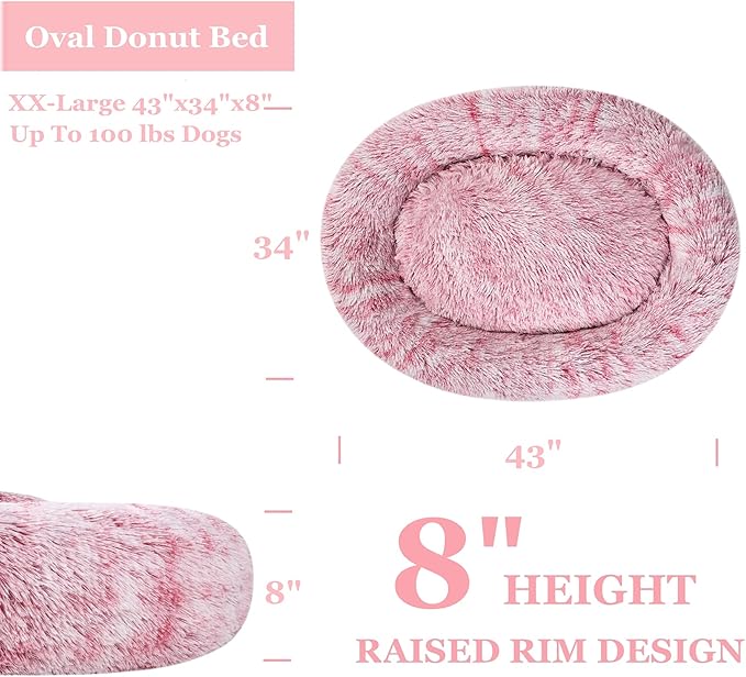 Coohom Oval Calming Donut Cuddler Dog Bed,Shag Faux Fur Cat Bed Washable Round Pillow Pet Bed(30"/36"/43") for Small Medium Dogs (XXL(43"x34"x8"), Red)