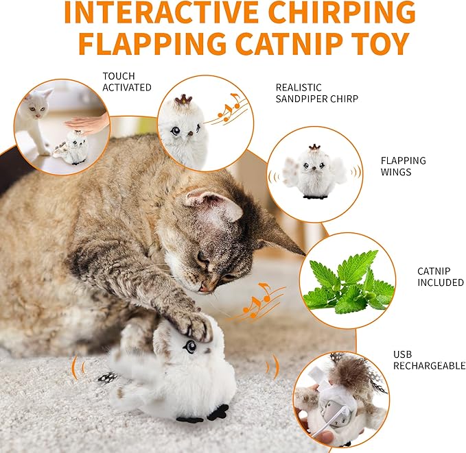 Gigwi Flappy Bird Cat Toy For Indoor Cats, Rechargeable Lifelike Sandpiper Interactive Flapping Bird Cat Toy Tweet, Flapping Wings & Lively Chirping, Catnip Toys For Kitten, Touch Activated (Prince)