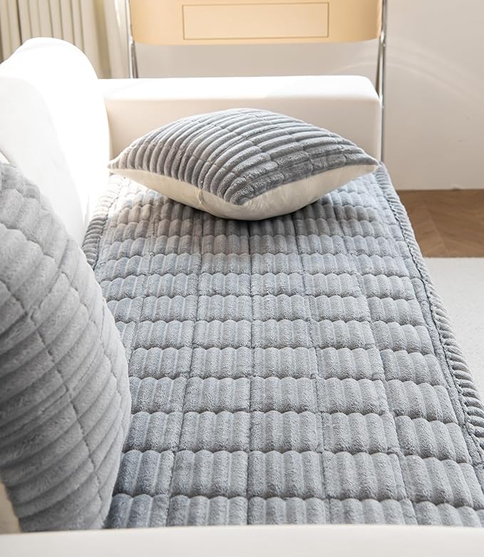 Faux Fur Plush Dog Couch Cover 3D Stripe Fuzzy Sofa Cover Non-Slip Fluffy Dog Bed Cover Pet Blanket Sofa Couch Furniture Protector for Puppy Large Dog Cat (Light Grey,31"x47")