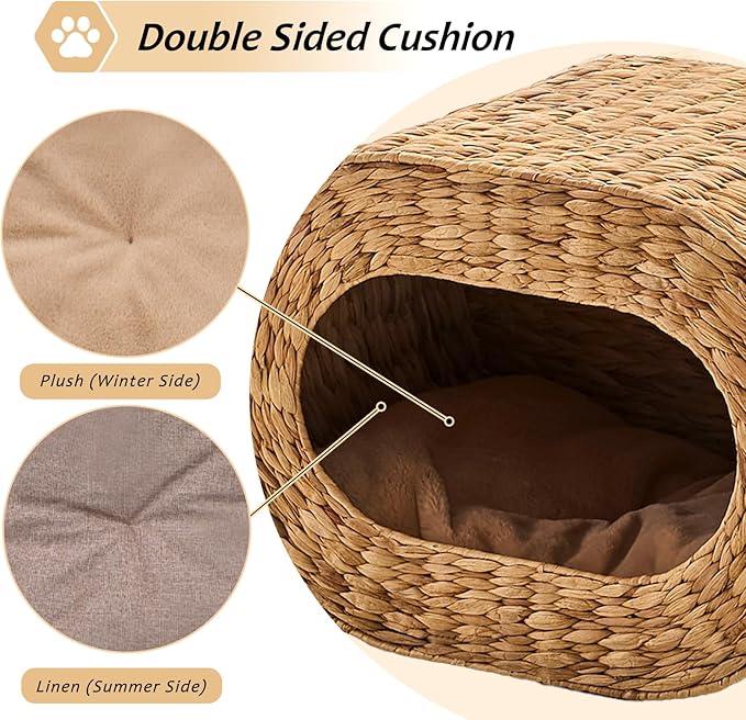 Cat House,Handwoven Cat Cave Pet Cube, Natural Cat Beds Indoor Kitten House with Double-Sided Soft Cushions, Pet Cat House for Multiple Cats, for Living Room Bedroom