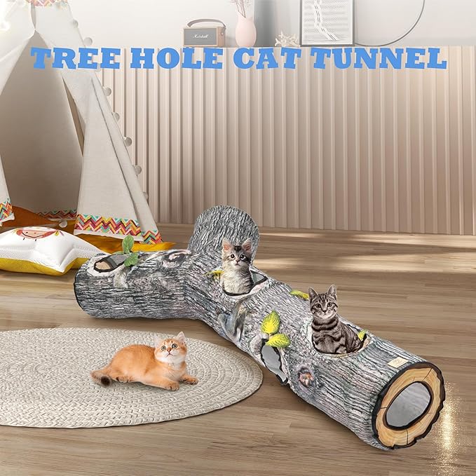 Tree Trunk cat Tunnel，Cat Tunnels for Indoor Cats, Cat Bed Tree Hole Toy with Three Channels and Leaves, Foldable & Easy to Store, Suitable for Cats and Other Small Animals to Chase and Play