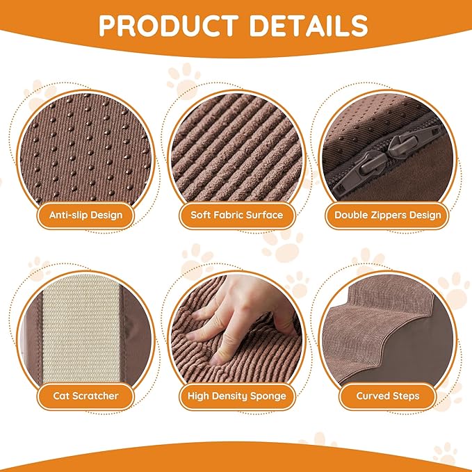 Pet Stairs, Dog Stairs for Small Dogs, Dogs Steps, 5-Step Curved Dog Ramp for Bed, Couch, Sofa, Car and Chair, Non-Slip Bottom Design, Cat Scratching Board, High Density Foam Portable Pet Step, Coffee