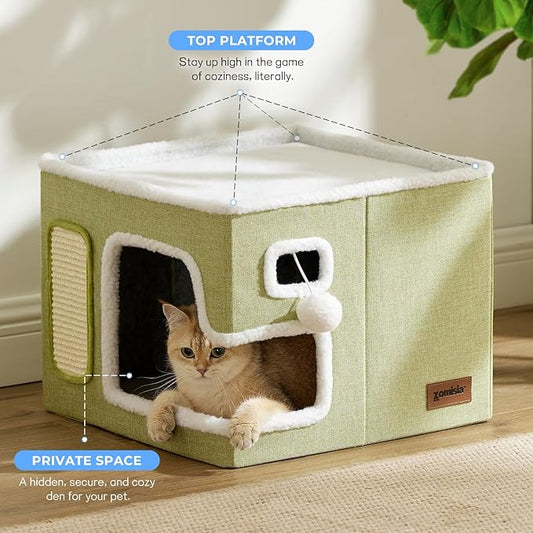 Cat Beds for Indoor Cats - Large Cat House for Pet with Fluffy Ball Hanging and Scratch Pad, Foldable Cat Hideaway,16.5x16.5x13 inches, Grey