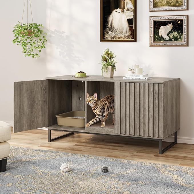 Cat Litter Box Enclosure for 2 Cats, 47.6’’ Litter Box Furniture Hidden with Scratch Pad, Double Room Large Cat Cabinet, Indoor Pet House TV Stand Side Table,Washroom,Grey