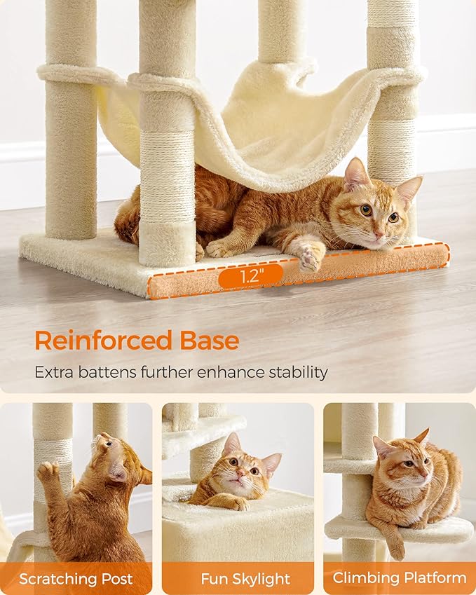 Feandrea Cat Tree, 61-Inch Cat Tower for Indoor Cats, Plush Multi-Level Cat Condo with 5 Scratching Posts, 2 Perches, 2 Caves, Hammock, 2 Pompoms, Beige UPCT192M01