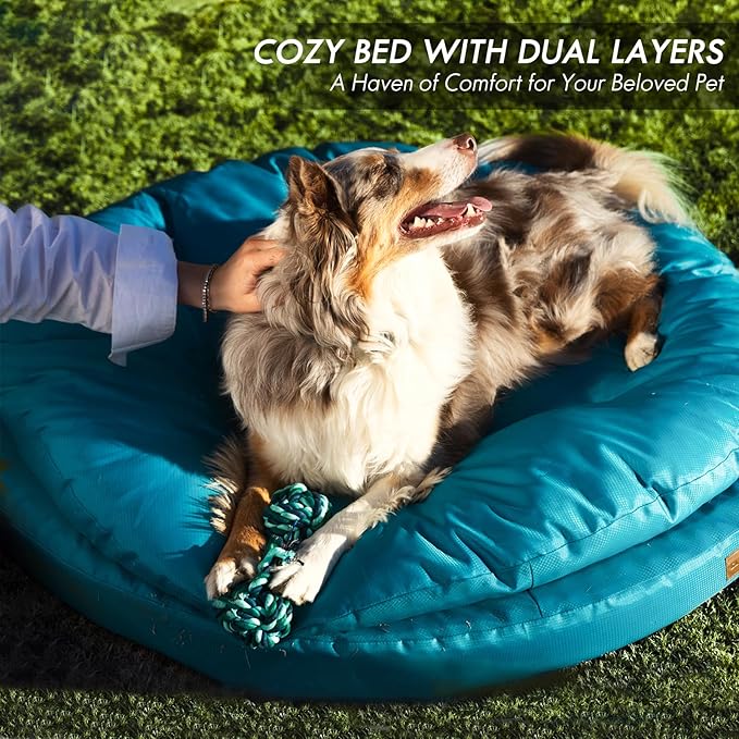 ClevaHome Orthopedic Dog Bed for Large Dogs, Dual Layer Water Repellent Round Pet Bed with Washable Cover Nonslip Bottom （Mosaic Blue）