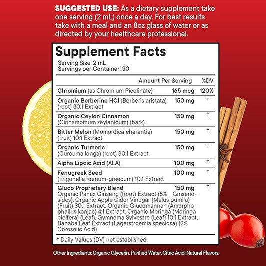 Berberine with Ceylon Cinnamon Supplement Liquid Drops + Bitter Melon Extract, Glucomannan, Gymnema, Chromium, Turmeric, Panax Ginseng, Moringa- 4 OZ