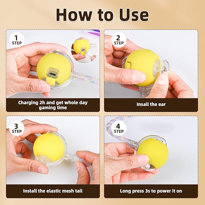 Interactive Cat Toy Ball for Indoor Cats, 2025 New Fast Self Rolling Ball Cat Toy on Carpet, Smart Interactive Automatic Cat Toy Ball for Gifts, Moving Cat Toy with Elastic Mesh Tail(Yellow)