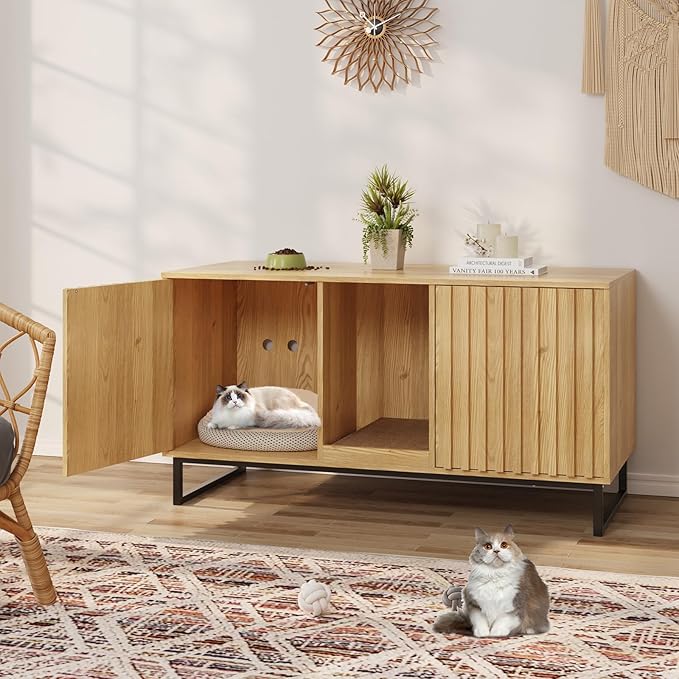Cat Litter Box Enclosure for 2 Cats, 47.6’’ Litter Box Furniture Hidden with Scratch Pad, Double Room Large Cat Cabinet, Indoor Pet House TV Stand Side Table,Cats Washroom, Natural