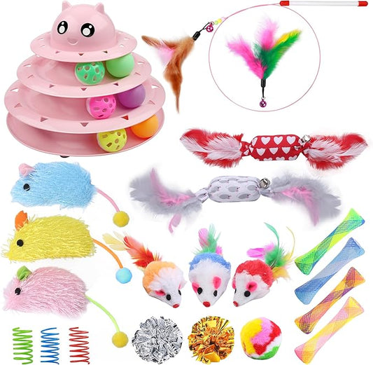 UPSKY 3-Level Turntable Kitten Toys Set - 24 PCS Interactive Cat Roller for Indoor Cats, Catnip, Teaser, Mice, Spring, and Various Ball Toys for Kitty