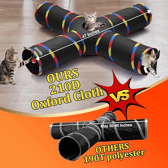 4 Way Large Cat Tunnels for Indoor Cats - 10" Diameter & 47" Long Play Tunnel Toy - Cat Tube with Play Ball & Mouse Toy - Interactive Peephole (Black)