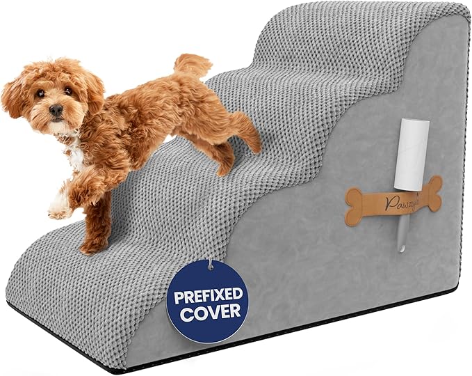 PAWZY Foam Pet Stairs for Bed, Couch or Window PREFIXED Cover - Wide Steps for Bed, Waterproof, Non-Slip Base - 4 Tier Ramp 20'' Height - Dog Stairs for Small Dogs, Puppies, Cats - (Gray, 4 Step, 1)