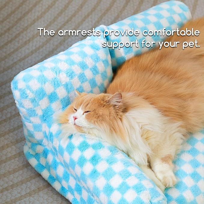 Hollypet Fluffy Plush Dog Cat Pet Couch Soft Calming Sofa Bed for Medium Small Cats and Dogs, Blue and White