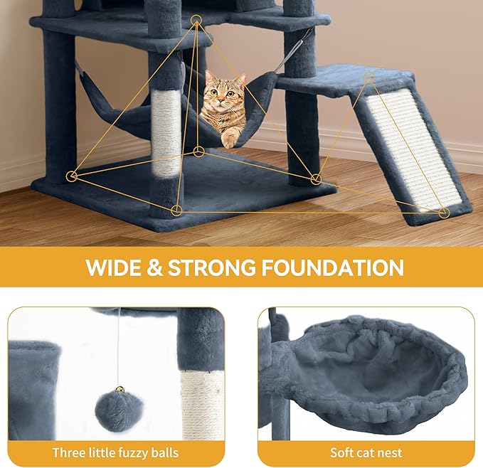 YITAHOME Tall Cat Tree for Indoor Cats, 75 inch Multi-Level Cat Tower with Cat Condos, Top Perches, Sisal Ramp Scratching Posts, Cozy Basket, Hammocks, Large Cat Pet Activity Structure, Dark Grey