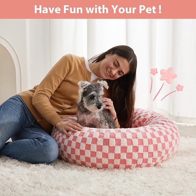 BFPETHOME Donut Dog Beds for Small Dogs, Cute Small Dog Bed for Puppy and Kitten, Round Calming Pet Bed with Non-Slip Bottom, Machine Washable,24inch, Pink