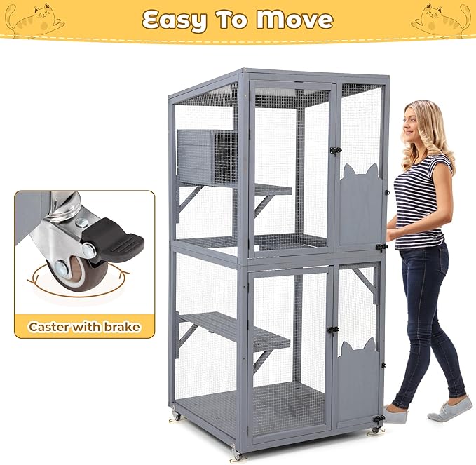 COZIWOW Catio Outdoor Cat Enclosure Window Access, Outdoor Cat House with Wheels, Cage for Cats Indoor(Grey, Medium)