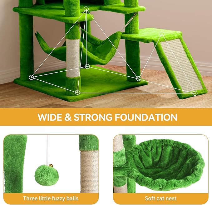 YITAHOME 75-Inch Tall Cat Tree Indoor: Multi-Level Kitten Tower with Kitty Condos, Top Perches, Sisal Ramp, Scratching Posts & Cozy Basket Hammocks Pet Play House Green