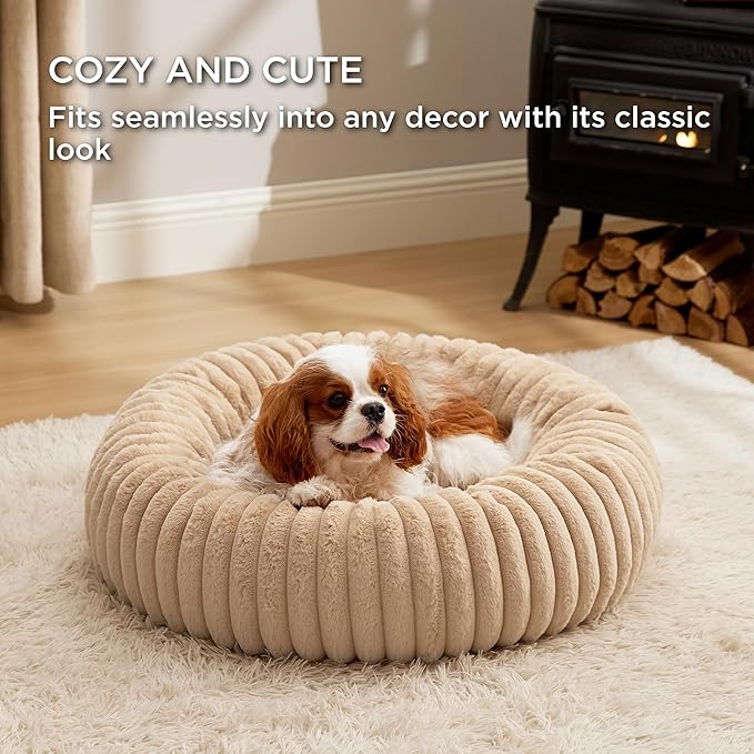 Bedsure Medium Dog Bed - Washable Faux Fur with Corduroy Fleece & Anti Slip Bottom, Round Pet Bed with Removable Cover, Sandy Tan, 30x30x8 inches