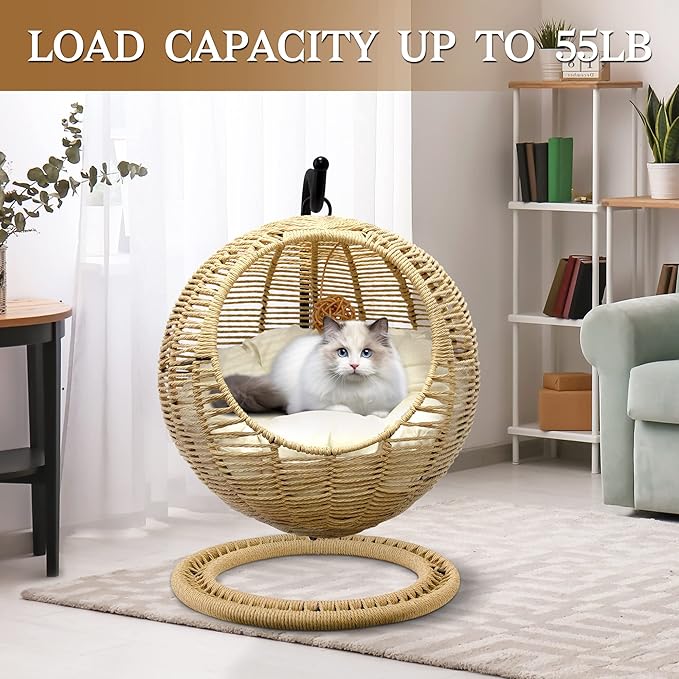 BROWN-BROWN Wicker Cat Bed Indoors & Outdoors, Hand Made Cat Swing Bed with Removable Cushion & Hanging Ball, Washable Pet Swing for Cat, Small Dog, Small Animals