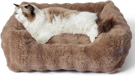 Lesure Fluffy Dog Beds for Puppy&Kitten- Orthopedic Rectangle Calming Pet Sofa,Fluffy Plush Bubble Bolster Cat Bed with Removable Washable Cover and Nonskid Bottom,20x19x6inches,Brown