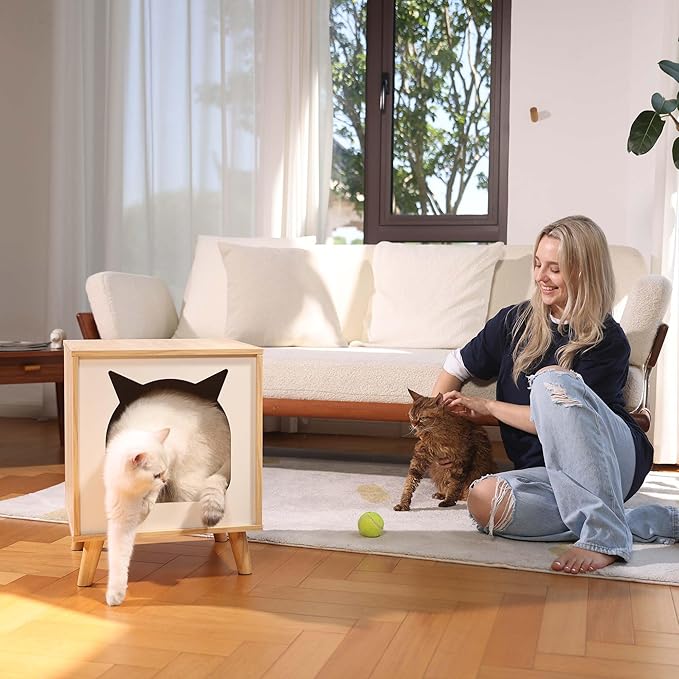 Cat House Wooden Cat Condo Cube Shaped,Modern Cat Bed Side Table & Nightstand,Cat Shelter Furniture with Cushion Cat Scratch Pad,Natural