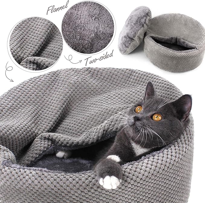 Winsterch Washable Cat Bed - Round Soft, Cozy & Warming for Indoor Cats. Calming Kitten Pet Bed. Small Pet Covered Cat Cave Beds (Gray,12.59 x 12.59 x 5.91 in)